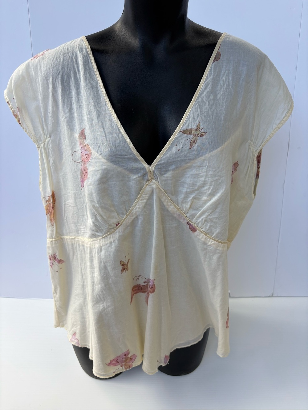 GAP Light Cream V-Neck Floral Print Women's Top XL